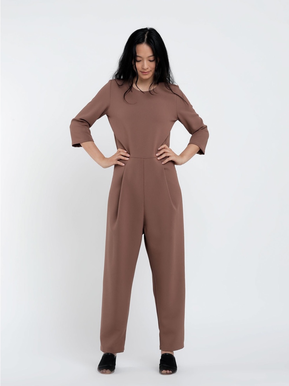 Kaarem Agati Three-Quarter Sleeves, High-Waisted, Wide-Leg Jumpsuit In Taupe